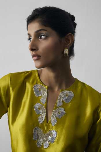 Notsosure_Green Silk, Dupion V-neck Bow Neckline Embroidered Top And Pant Set _Online_at_Aza_Fashions