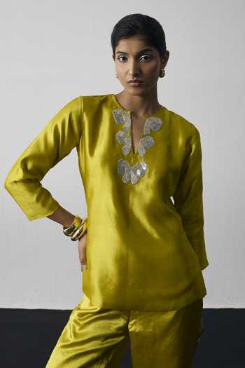 Buy_Notsosure_Green Silk, Dupion V-neck Bow Neckline Embroidered Top And Pant Set _Online_at_Aza_Fashions