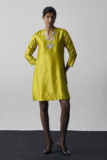 Notsosure_Green Silk, Dupion Split V-neck Hand Embroidered Dress _Online_at_Aza_Fashions