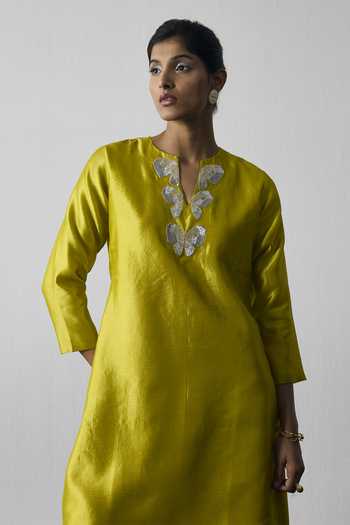 Buy_Notsosure_Green Silk, Dupion Split V-neck Hand Embroidered Dress _Online_at_Aza_Fashions
