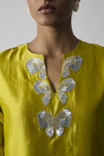 Shop_Notsosure_Green Silk, Dupion Split V-neck Hand Embroidered Dress _Online_at_Aza_Fashions