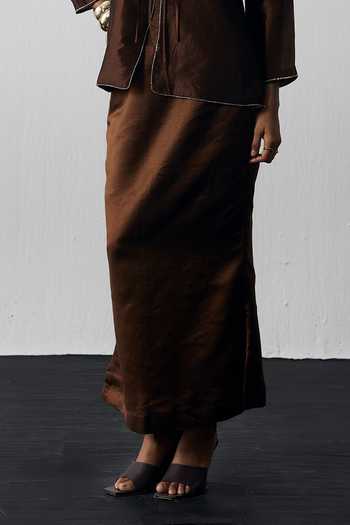 Notsosure_Brown Silk, Dupion Keyhole Neck Hand Embroidered Top And Skirt Set _Online_at_Aza_Fashions