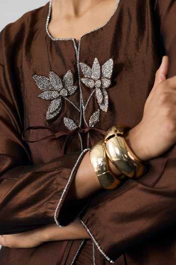 Buy_Notsosure_Brown Silk, Dupion Keyhole Neck Hand Embroidered Top And Skirt Set _Online_at_Aza_Fashions