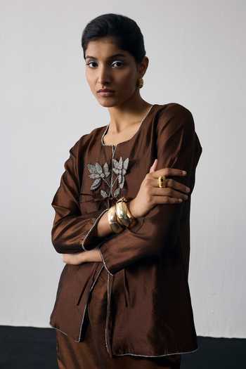 Shop_Notsosure_Brown Silk, Dupion Keyhole Neck Hand Embroidered Top And Skirt Set _Online_at_Aza_Fashions