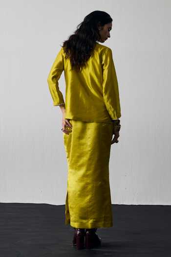 Shop_Notsosure_Yellow Silk, Dupion Notched Neck Twin Flower Embroidered Top And Skirt Set _at_Aza_Fashions