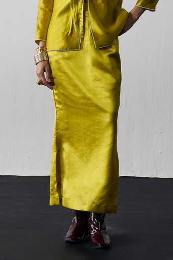 Notsosure_Yellow Silk, Dupion Notched Neck Twin Flower Embroidered Top And Skirt Set _Online_at_Aza_Fashions