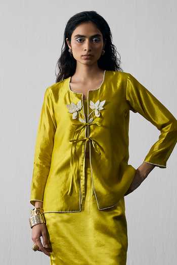 Buy_Notsosure_Yellow Silk, Dupion Notched Neck Twin Flower Embroidered Top And Skirt Set _Online_at_Aza_Fashions