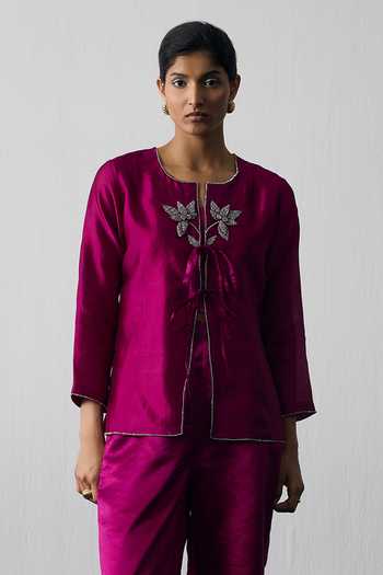 Notsosure_Magenta Silk, Dupion Keyhole Neck Hand Embroidered Top And Pant Set _Online_at_Aza_Fashions
