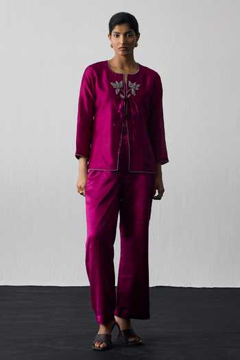Shop_Notsosure_Magenta Silk, Dupion Keyhole Neck Hand Embroidered Top And Pant Set _at_Aza_Fashions