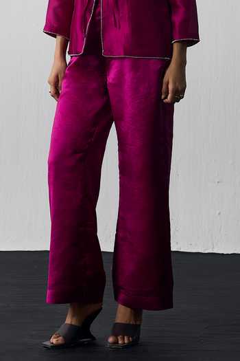 Buy_Notsosure_Magenta Silk, Dupion Keyhole Neck Hand Embroidered Top And Pant Set _Online_at_Aza_Fashions