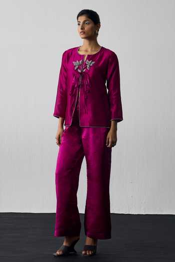 Buy_Notsosure_Magenta Silk, Dupion Keyhole Neck Hand Embroidered Top And Pant Set _at_Aza_Fashions