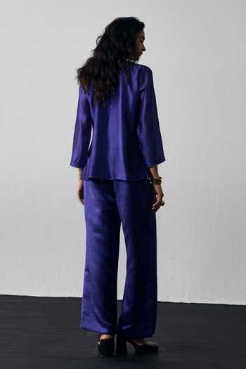 Shop_Notsosure_Blue Silk, Dupion Scoop Neck Twin Flower Embroidered Top And Pant Set _at_Aza_Fashions