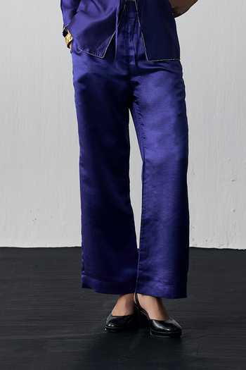 Notsosure_Blue Silk, Dupion Scoop Neck Twin Flower Embroidered Top And Pant Set _Online_at_Aza_Fashions