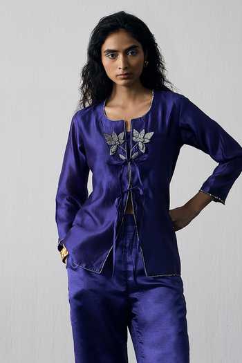 Buy_Notsosure_Blue Silk, Dupion Scoop Neck Twin Flower Embroidered Top And Pant Set _Online_at_Aza_Fashions