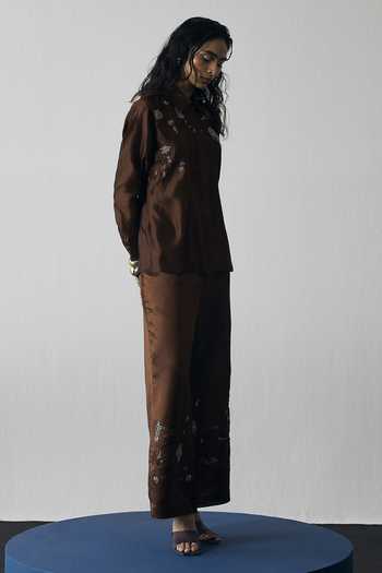 Notsosure_Brown Silk, Dupion Collared Neck Abstract Embroidered Shirt And Pant Set _Online_at_Aza_Fashions