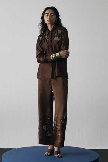 Buy_Notsosure_Brown Silk, Dupion Collared Neck Abstract Embroidered Shirt And Pant Set _at_Aza_Fashions