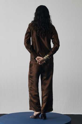 Shop_Notsosure_Brown Silk, Dupion Collared Neck Abstract Embroidered Shirt And Pant Set _at_Aza_Fashions