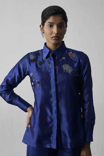 Notsosure_Blue Silk, Dupion Collared Neck Abstract Embroidered Shirt And Pant Set _Online_at_Aza_Fashions