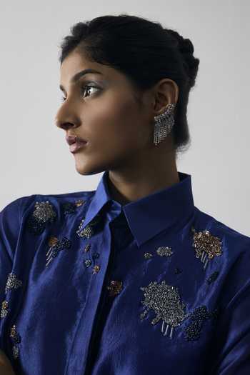 Buy_Notsosure_Blue Silk, Dupion Collared Neck Abstract Embroidered Shirt And Pant Set _Online_at_Aza_Fashions