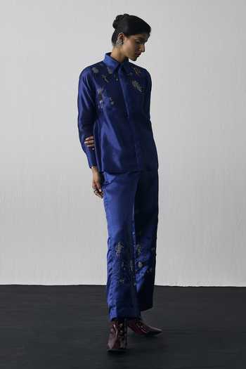 Shop_Notsosure_Blue Silk, Dupion Collared Neck Abstract Embroidered Shirt And Pant Set _at_Aza_Fashions