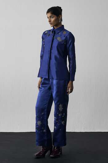 Buy_Notsosure_Blue Silk, Dupion Collared Neck Abstract Embroidered Shirt And Pant Set _at_Aza_Fashions