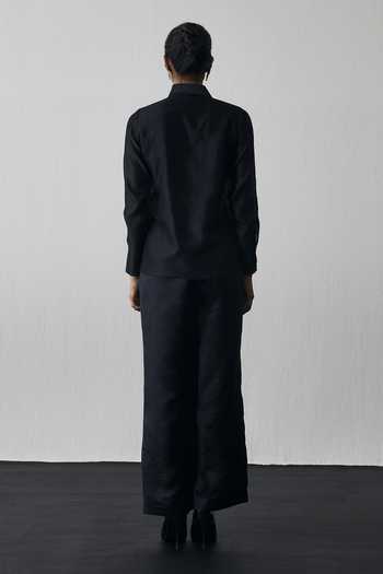 Shop_Notsosure_Black Silk, Dupion Collared Neck Abstract Embroidered Shirt And Pant Set _at_Aza_Fashions