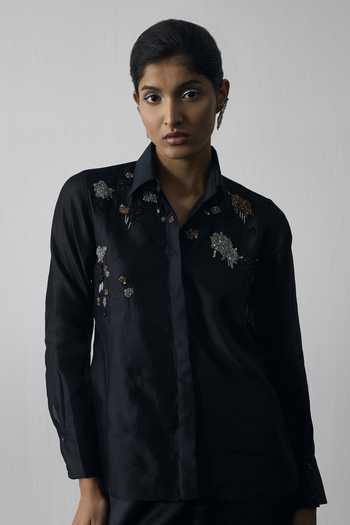 Notsosure_Black Silk, Dupion Collared Neck Abstract Embroidered Shirt And Pant Set _Online_at_Aza_Fashions