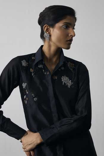 Buy_Notsosure_Black Silk, Dupion Collared Neck Abstract Embroidered Shirt And Pant Set _Online_at_Aza_Fashions