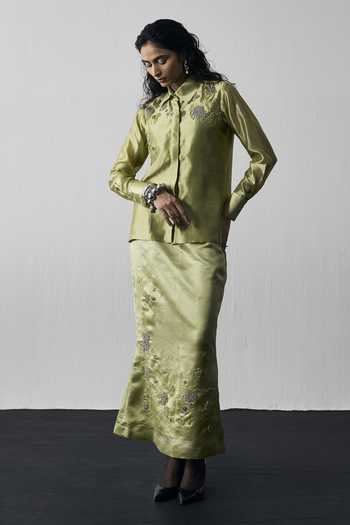 Shop_Notsosure_Green Silk, Dupion Collared Neck Abstract Embroidered Shirt And Skirt Set _at_Aza_Fashions