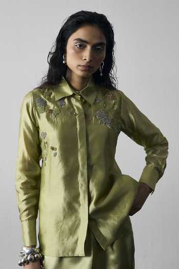 Notsosure_Green Silk, Dupion Collared Neck Abstract Embroidered Shirt And Skirt Set _Online_at_Aza_Fashions