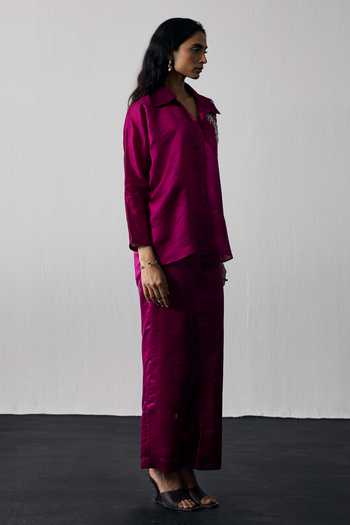 Notsosure_Magenta Silk, Dupion Collared Neck, Open Placement Embroidered Top And Pant Set _Online_at_Aza_Fashions