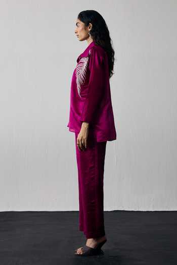 Shop_Notsosure_Magenta Silk, Dupion Collared Neck, Open Placement Embroidered Top And Pant Set _Online_at_Aza_Fashions
