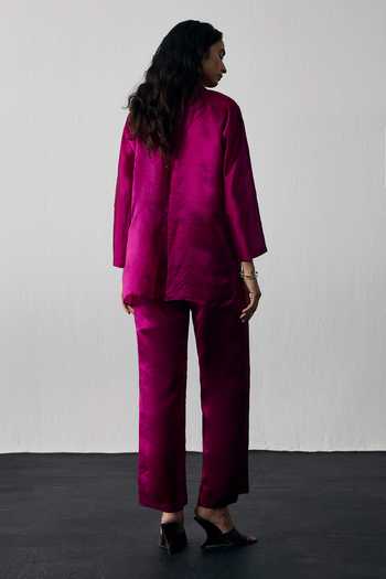 Shop_Notsosure_Magenta Silk, Dupion Collared Neck, Open Placement Embroidered Top And Pant Set _at_Aza_Fashions
