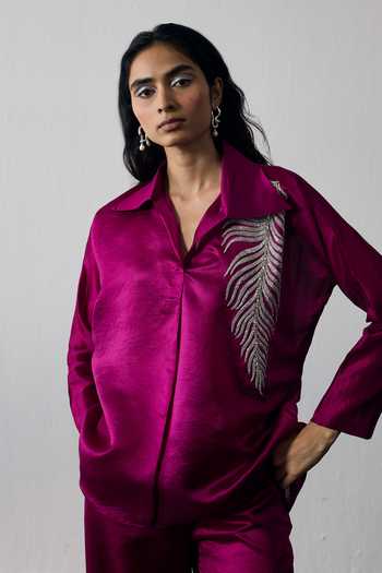 Notsosure_Magenta Silk, Dupion Collared Neck, Open Placement Embroidered Top And Pant Set _at_Aza_Fashions