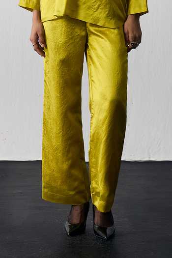 Notsosure_Yellow Silk, Dupion Collared Neck Leaf Embroidered Top And Pant Set _Online_at_Aza_Fashions
