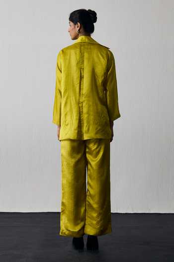 Shop_Notsosure_Yellow Silk, Dupion Collared Neck Leaf Embroidered Top And Pant Set _at_Aza_Fashions