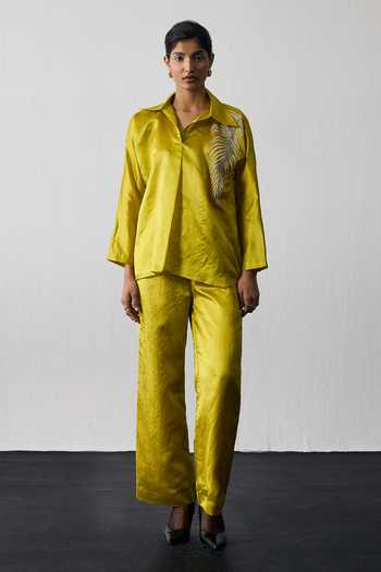 Buy_Notsosure_Yellow Silk, Dupion Collared Neck Leaf Embroidered Top And Pant Set _at_Aza_Fashions
