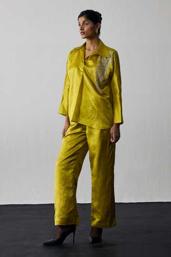 Buy_Notsosure_Yellow Silk, Dupion Collared Neck Leaf Embroidered Top And Pant Set _Online_at_Aza_Fashions