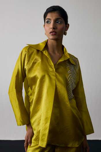 Shop_Notsosure_Yellow Silk, Dupion Collared Neck Leaf Embroidered Top And Pant Set _Online_at_Aza_Fashions