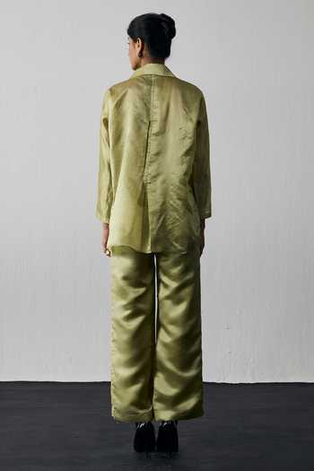 Shop_Notsosure_Green Silk, Dupion Collared Neck Leaf Embroidered Top And Pant Set _at_Aza_Fashions