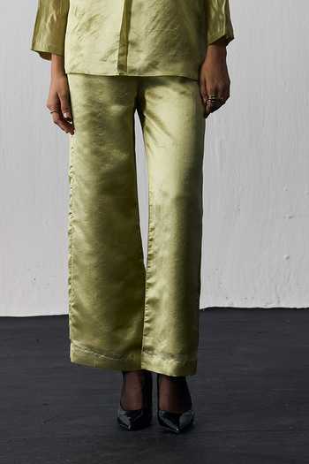 Notsosure_Green Silk, Dupion Collared Neck Leaf Embroidered Top And Pant Set _Online_at_Aza_Fashions