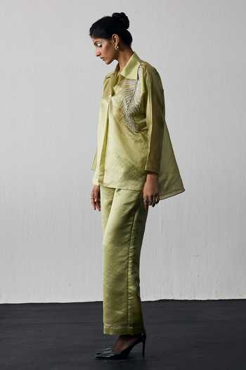 Buy_Notsosure_Green Silk, Dupion Collared Neck Leaf Embroidered Top And Pant Set _Online_at_Aza_Fashions