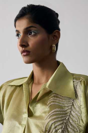 Shop_Notsosure_Green Silk, Dupion Collared Neck Leaf Embroidered Top And Pant Set _Online_at_Aza_Fashions
