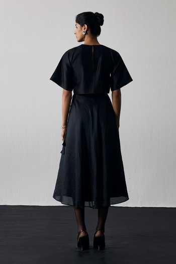 Shop_Notsosure_Black Silk, Dupion Round Neck Motif Top And Skirt Set _at_Aza_Fashions