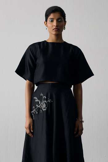 Notsosure_Black Silk, Dupion Round Neck Motif Top And Skirt Set _Online_at_Aza_Fashions