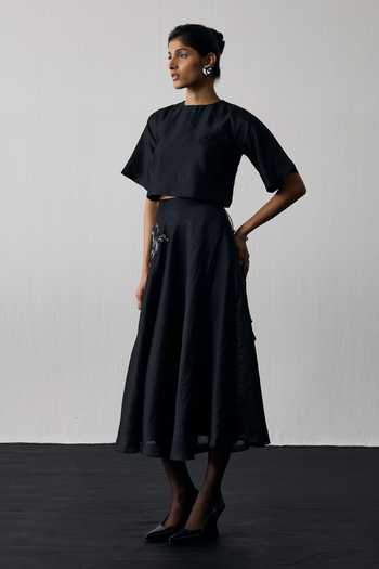 Buy_Notsosure_Black Silk, Dupion Round Neck Motif Top And Skirt Set _Online_at_Aza_Fashions