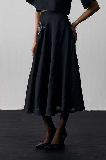 Shop_Notsosure_Black Silk, Dupion Round Neck Motif Top And Skirt Set _Online_at_Aza_Fashions