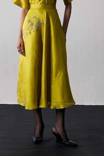Notsosure_Green Dupion, Silk Collared Neck Motif Top And Skirt Set _Online_at_Aza_Fashions