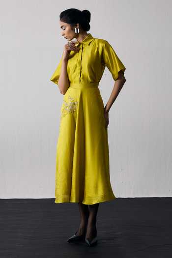 Buy_Notsosure_Green Dupion, Silk Collared Neck Motif Top And Skirt Set _Online_at_Aza_Fashions