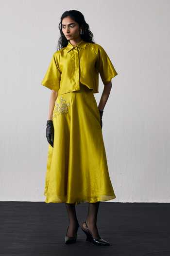 Shop_Notsosure_Green Dupion, Silk Collared Neck Motif Top And Skirt Set _Online_at_Aza_Fashions